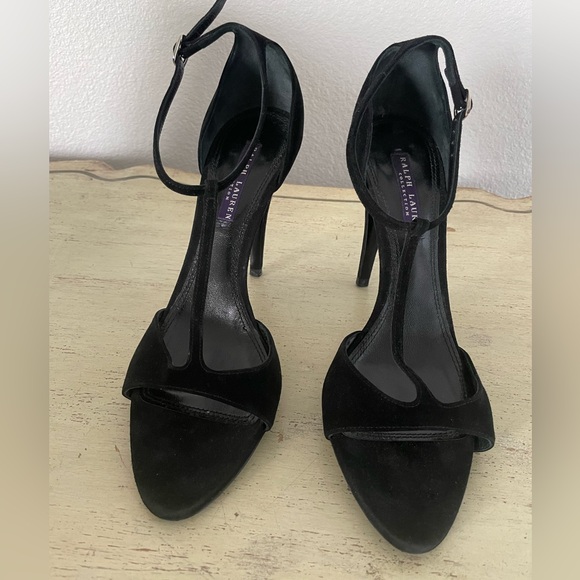 RALPH LAUREN COLLECTION T-Ankle Strap Open Toe Suede Heels Size 8 1/2 B - Picture 1 of 7